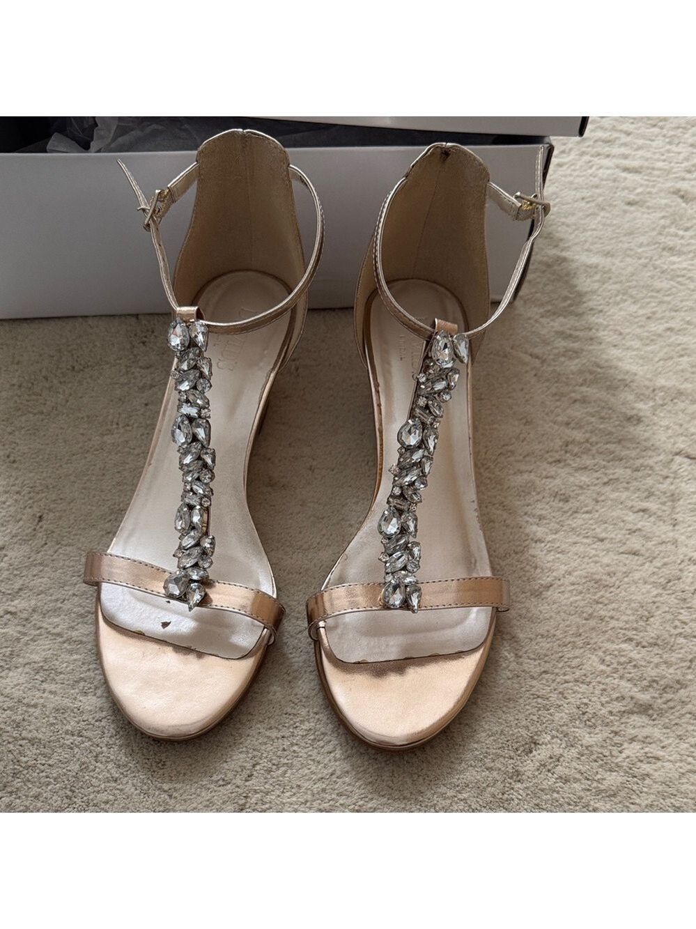 David’s Bridal Mina Rose Gold Elegant Women's wedge Sandals w/Crystals Detail